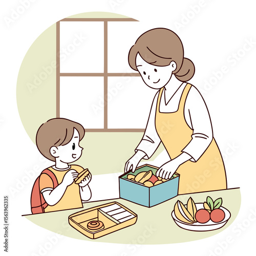 Mother and son preparing a healthy lunchbox together with fruits and snacks in a bright kitchen setting with a window view