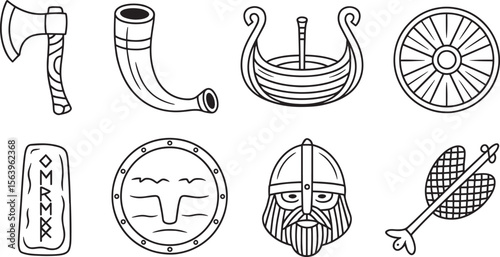 Viking Axe Horn Ship Shield Rune Helmet Arrow Warrior Elements Line Art Vector Set Historical Theme
