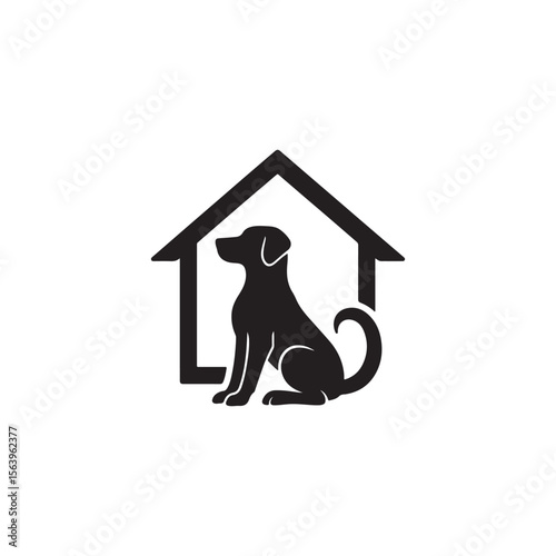 A black silhouette of a dog sitting inside a doghouse on a white background image