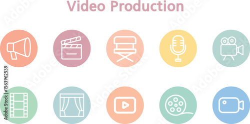 Colorful Circular Background Video Production Icon Set in Flat Line Style