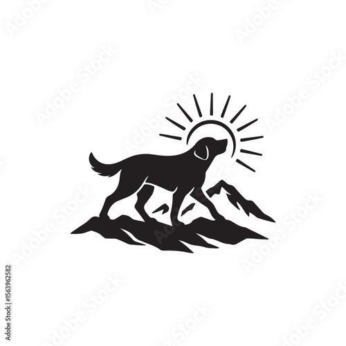 Silhouette of a dog standing on mountains with sun rays in a minimalist design