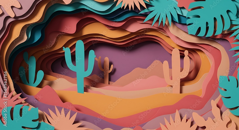 Obraz premium Colorful paper cut-out depicting a desert landscape with cacti and layered formations.