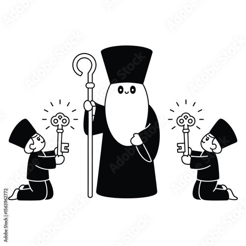 Kawaii tarot card illustration of The Hierophant with glowing staff, chibi followers, and geometric black and white background in holy style