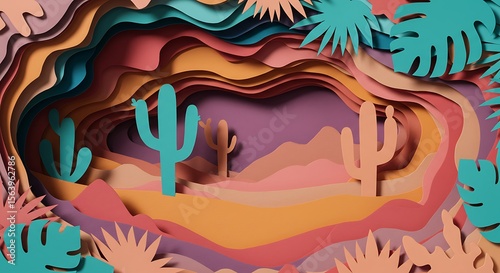 Colorful paper cut-out depicting a desert landscape with cacti and layered formations.