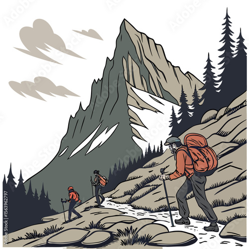 Three hikers with backpacks and trekking poles ascend a rocky mountain trail surrounded by pine trees and dramatic clouds under a clear sky