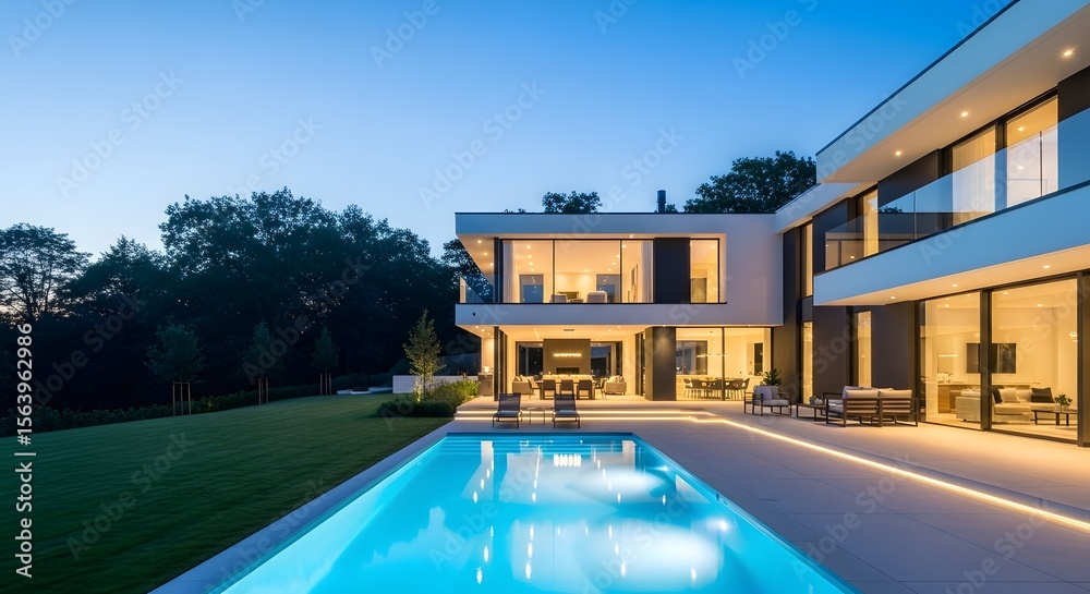 Fototapeta premium Luxury Living: Modern Villa with Pool at Twilight