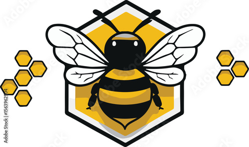 Cute cartoon bee in honeycomb, vector illustration, yellow and black design element