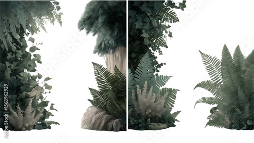 Lush green ferns and foliage create a natural forest border with dark moody atmosphere