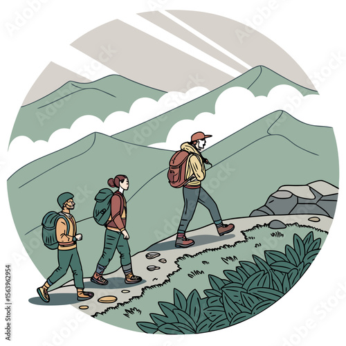 Three diverse hikers with backpacks ascend a scenic mountain trail surrounded by lush greenery and dramatic cloudy skies in a circular illustration