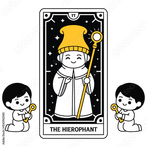 Kawaii tarot card illustration of The Hierophant with glowing staff, chibi followers, and geometric black and white background in holy style