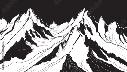 Black and white mountain range illustration, vector art, dramatic landscape design