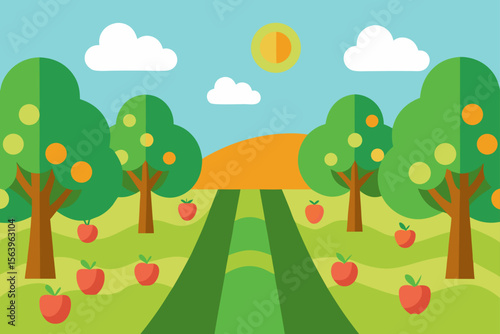 cartoon orchard with rows of fruit trees and flowers