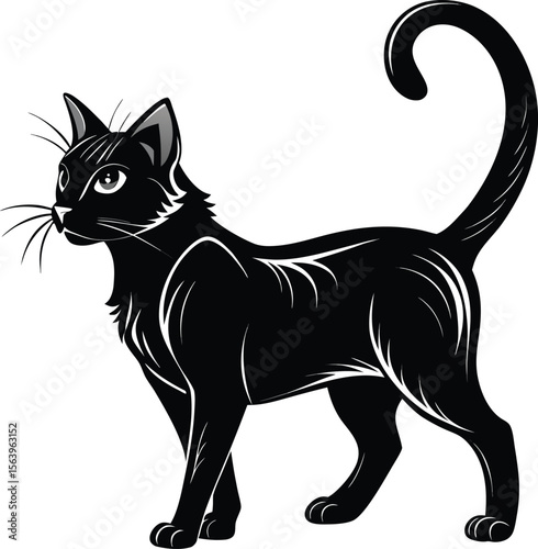 Elegant black cat with raised tail and detailed fur illustration vector art