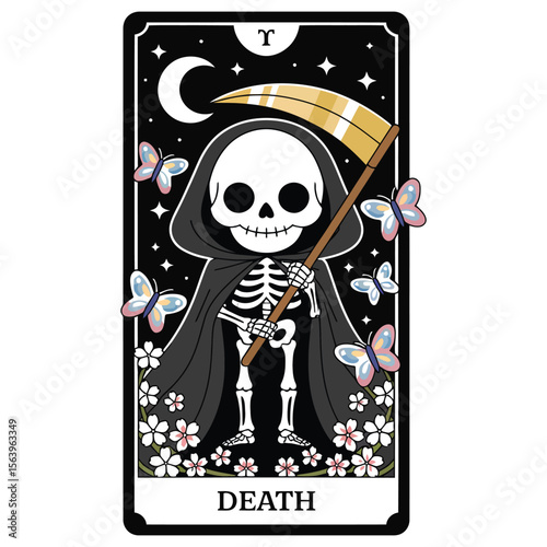 Kawaii tarot card of Death with cute skeleton in black cloak holding scythe, surrounded by flowers and butterflies