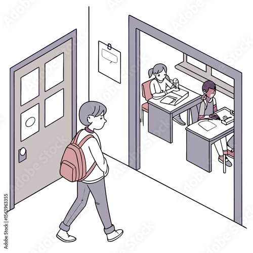 A young student with a backpack walks past an open doorway revealing two students sitting at desks in a classroom or office setting