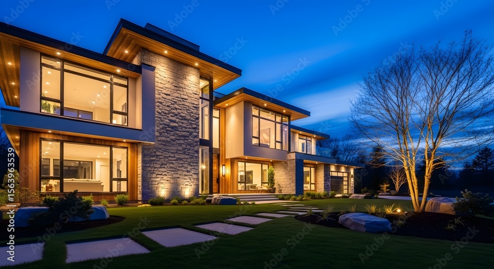 Obraz premium Modern Luxury Home at Twilight: Dream Home Architecture