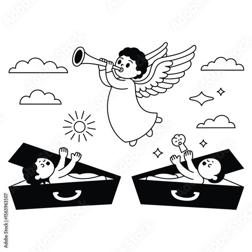 Kawaii tarot card of Judgement with angel blowing trumpet and cute characters rising from coffins in glowing silhouette style