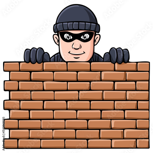 Masked burglar hiding behind a brick wall 