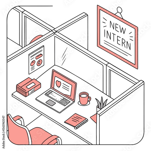 A modern office cubicle setup with a laptop coffee mug notebook and a new intern sign hanging on the wall symbolizing a fresh start