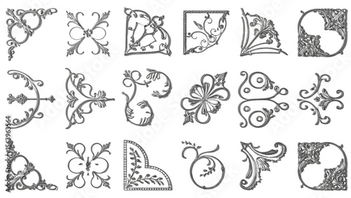 Wallpaper Mural Collection of ornate silver corner flourishes and decorative elements on black background Torontodigital.ca