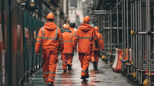 Construction workers in bright orange uniforms walk through a busy urban area in the afternoon