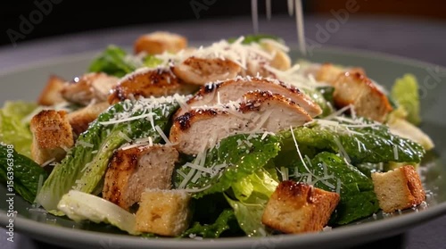 Fresh grilled chicken Caesar salad with croutons and Parmesan cheese on a grey plate