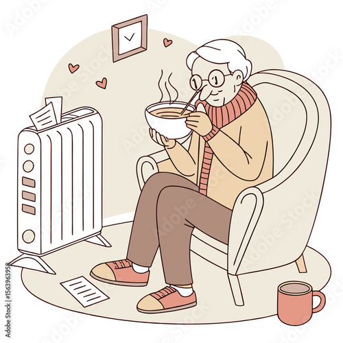 Elderly person with glasses and scarf enjoying a warm bowl of soup while sitting in a comfortable armchair near a radiator