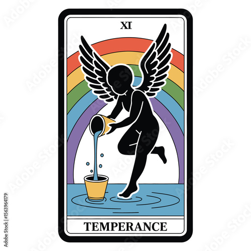 Kawaii tarot card of Temperance with angelic character pouring liquid between cups under pastel rainbow sky in silhouette style
