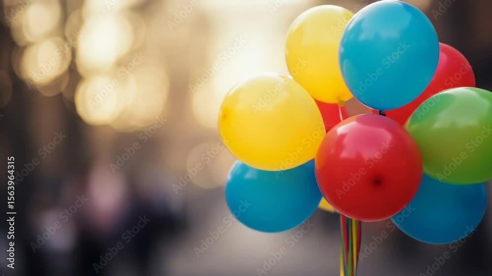 Colorful Balloons in Soft Focus - A vibrant cluster of red, blue, yellow, and green balloons floats against a softly blurred background with warm golden bokeh lights.
