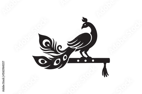 krishna’s flute and peacock silhouette vector art illustration on white background