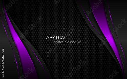 Abstract black and purple curves with purple lines on dark steel mesh background. with free space for design. modern technology innovation concept background	