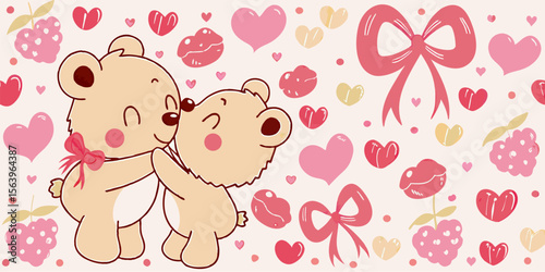 Cute Teddy Bears Kissing: Valentine's Day Cartoon Illustration