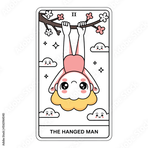 Kawaii tarot card of The Hanged Man with upside-down cute character hanging from tree with glowing aura and peaceful smile