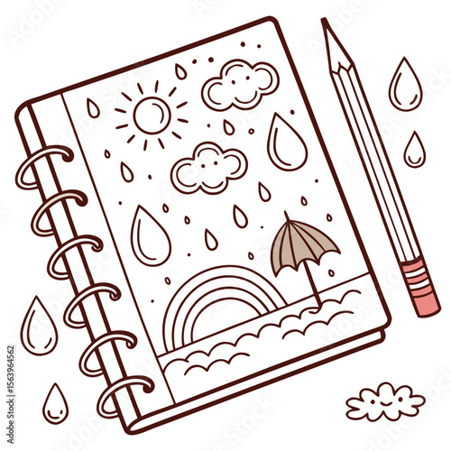 A doodle of weather elements including a sun clouds rain a rainbow and an umbrella on a notebook page next to a pencil