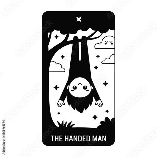 Kawaii tarot card of The Hanged Man with upside-down cute character hanging from tree with glowing aura and peaceful smile
