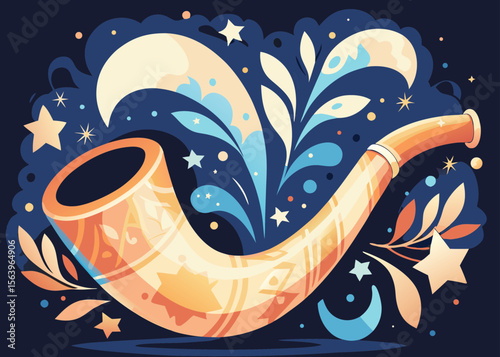 Shofar Surrounded by Artistic Symbols for Rosh Hashanah Celebrations, Cultural Blogs, Religious Education, and Holiday Awareness Campaigns  