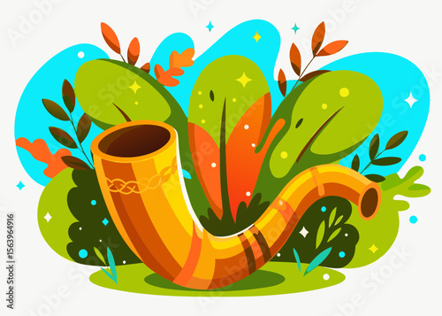 Shofar with Colorful Leaves and Blue Background for Rosh Hashanah, Jewish New Year Celebration, Cultural Articles, Religious Awareness, and Seasonal Greetings  