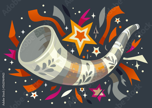 Shofar with Colorful Festive Design for Rosh Hashanah Celebrations, Greeting Cards, Blogs, Cultural Events, and Jewish New Year Awareness  