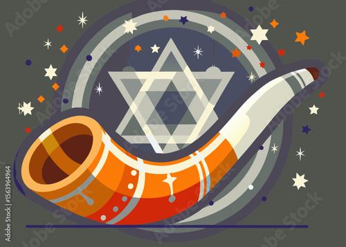 Shofar Symbolizing Rosh Hashanah with Star of David and Festive Elements for Religious Celebrations, Cultural Awareness, and Educational Resources  