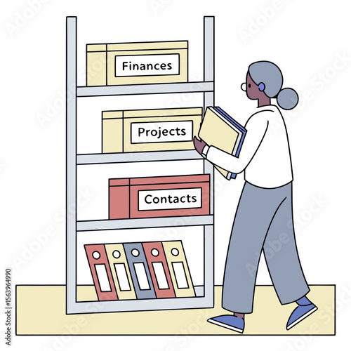 A person organizing files and folders on a shelf labeled finances projects and contacts with binders on the bottom shelf