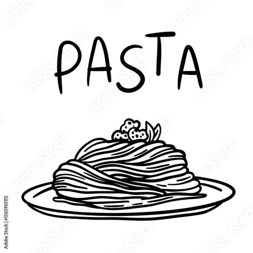 Spaghetti pasta on plate. Hand-drawn vintage engraving in black outline. Italian cuisine vector illustration for menu, culinary projects, or food packaging. Isolated on white.