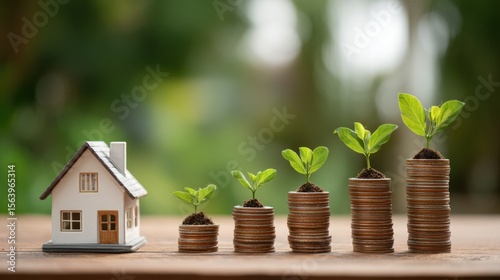 A model house rests beside stacked coins, each topped with small green plants. This visual representation symbolizes financial growth and investment in a natural outdoor setting with sunlight