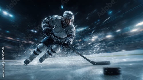 A skilled ice hockey player in a white uniform glides rapidly across the rink, pursuing a puck as lights illuminate the arena. Spectators watch intently from the stands