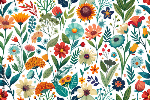 Set of seamless ditsy patterns with various wild meadow flowers. Сolourful cute floral summer backgrounds. Lovely design for wrapping, textile