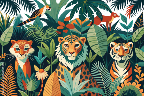 Tiger, lion, monkey, lemur, zebra, leopard, sloth animal, bird, parrot, tropical palm tree, banana leaves, plant floral seamless border white background. Exotic botanical jungle mural.