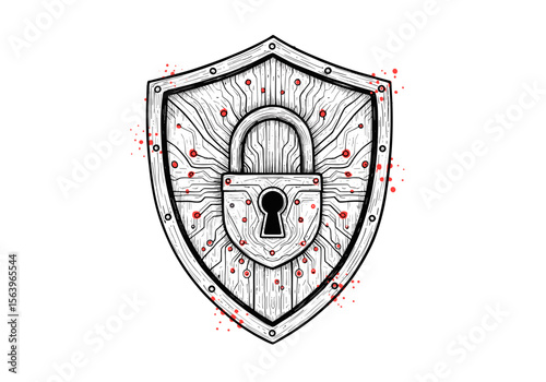 Shield with padlock and circuit lines illustration for cybersecurity UI