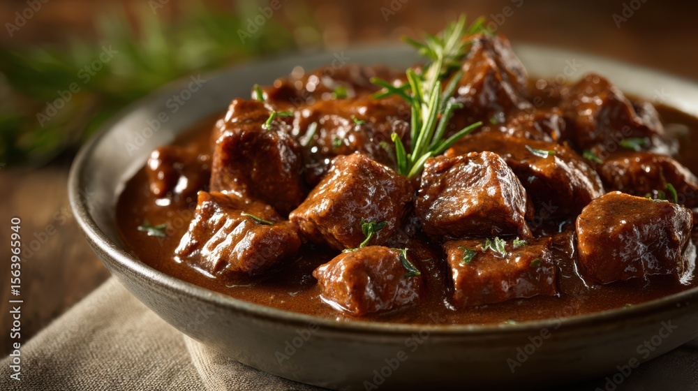 Tender beef chunks are simmered in a flavorful sauce, garnished with fresh herbs. The warm dish is presented in a rustic bowl, highlighting the inviting aroma and taste of comfort food Tender beef chunks are simmered in a flavorful sauce, garnished with fresh herbs. The warm dish is presented in a rustic bowl, highlighting the inviting aroma and taste of comfort food