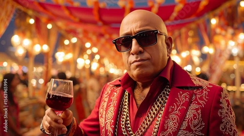 A distinguished, bald man with a stern expression, wearing stylish dark sunglasses. 