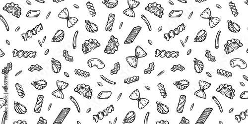 Seamless pasta pattern with Italian macaroni types: Fusilli, Rigatoni, Capellini, Conch, Gobetti, Stelle, Fiori. Vintage hand-drawn doodle food icons. Vector outline background.