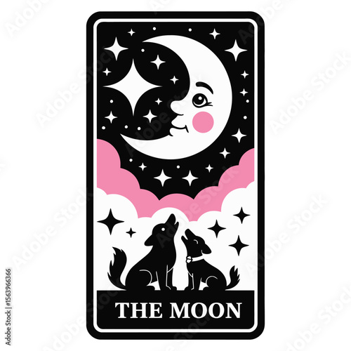 Kawaii tarot card of The Moon with crescent face moon, cute wolf and dog howling in mysterious silhouette background